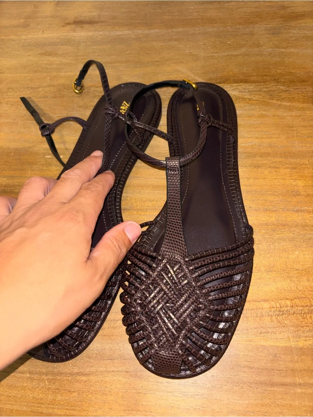 Zara Dark Brown Woven Leather Sandals - Picture 3 of 6